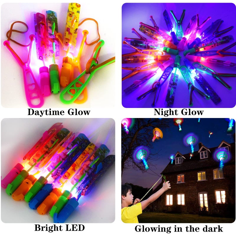 JX Rocket Slingshot Flying Toys with Led Lights 12Pcs LED Arrow Helicopters + 12Pcs Launchers Summer Outdoor Game LED Slingshot Toy for Kids  Glow in The Dark Kids Party Supplies - Image 4
